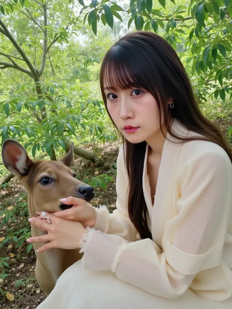 "Japanese woman interacting with wild animals in a natural setting, surrounded by lush green forests. The woman is wearing traditional, light-colored clothing such as a kimono or simple attire. She is gently approaching or petting a wild animal, like a dee...