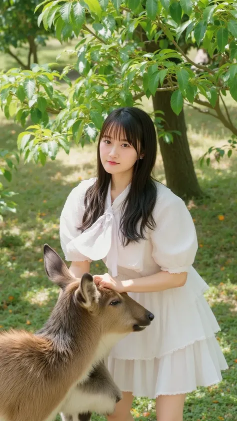 "Japanese woman interacting with wild animals in a natural setting, surrounded by lush green forests. The woman is wearing traditional, light-colored clothing such as a kimono or simple attire. She is gently approaching or petting a wild animal, like a dee...