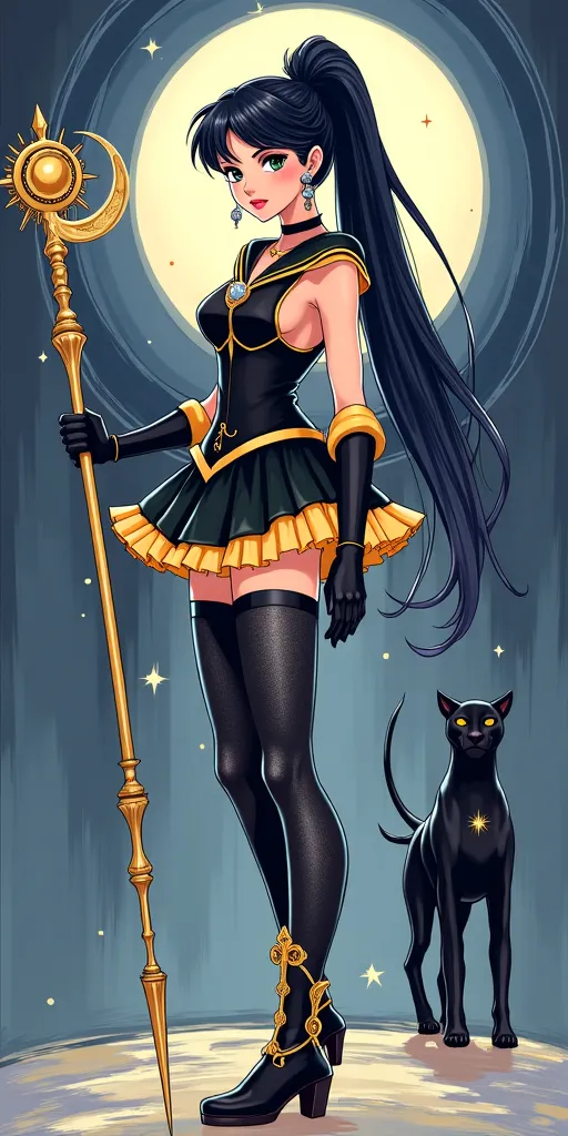 Picture of a beautiful girl full body .You must have long black hair and in a high ponytail ,  with a sailor moon costume but who has the costume colors black , gold and a touch of SILVER. silver moon necklace.  With gloves black and gold . silver moon-sha...