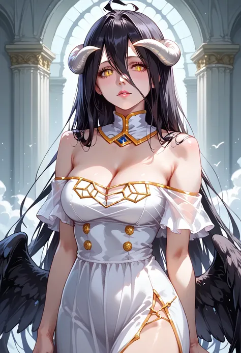 //Quality,
masterpiece, best quality, detailed
,//Character,
1girl, solo
,//Fashion,
,//Background,
,//Others,
,Albedo \(overlord\), 1girl, long hair, black hair, hair between eyes, golden eyes, slit pupils, white horns, curved horns, fallen angel,  white ...