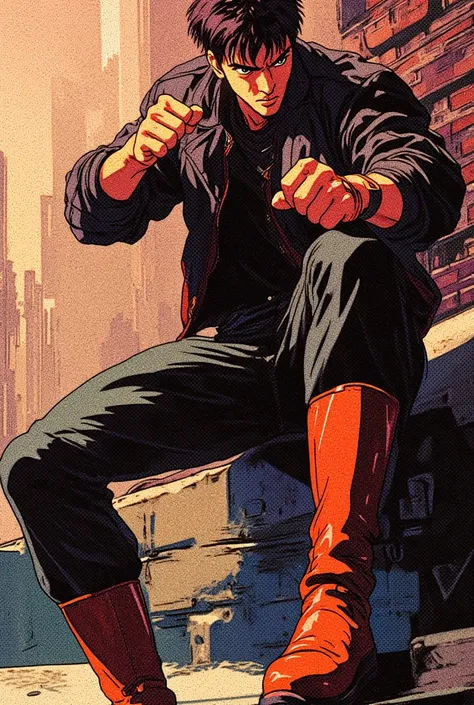 (Retro 80s anime style) (full body image) Handsome young man, black leather jacket, black leather pants, kneehigh brown leather boots, fighting pose, smirk, brick wall background