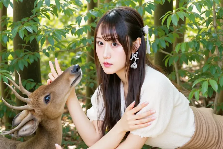 "Japanese woman interacting with wild animals in a natural setting, surrounded by lush green forests. The woman is wearing traditional, light-colored clothing such as a kimono or simple attire. She is gently approaching or petting a wild animal, like a dee...