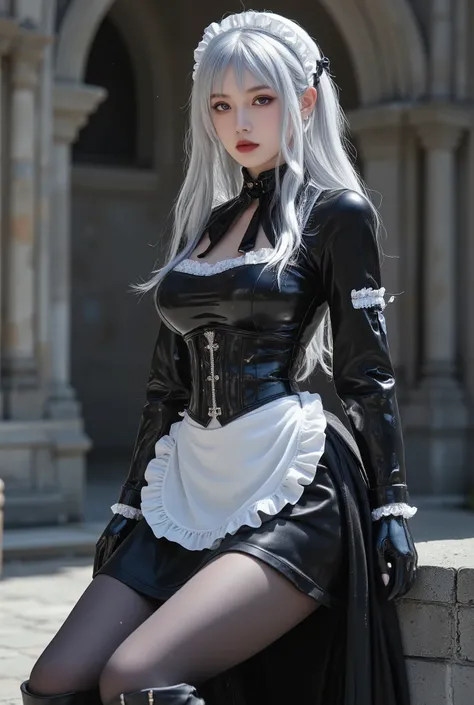Young Cyborg Beauty ,( black and white gothic maid outfit, long skirt with low skin exposure, corsets , black tights, Black Boots ),( Silver Hair, Shoulder-length hair in images , purple eyes, half-closed eyes , unusual suspicious feelings:1.3,Black...