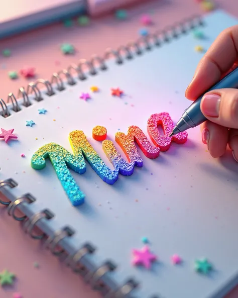 3D render of a talented artist passionately crafting the name “Mina” with a magical pen that seamlessly transitions through the entire pastel rainbow color spectrum . The name creation bursts with a dazzling display of creativity, highlighting the artist's...