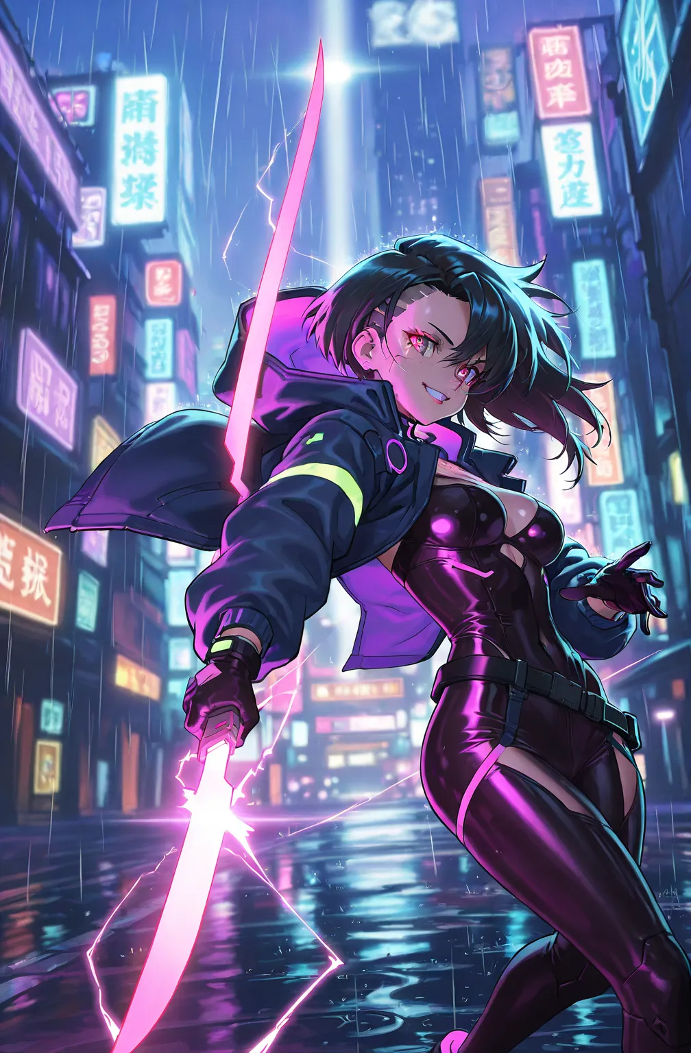 1girl, weapon, sword, rain, glowing_weapon, bodysuit, solo, long_hair, glowing_sword, holding_weapon, holding_sword, black_bodysuit, black_hair, holding, jacket, looking_at_viewer, breasts, gloves, anime girl with lightning sword in the rain, digital cyber...