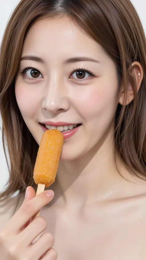  A high-resolution photograph of the knee of a long-haired Japanese woman wearing a mini dress. she pierces a thick corn dog in her hand deep into her mouth .  pushes and pulls the thick corn dog deep into her mouth . She looks at the viewer with an expres...