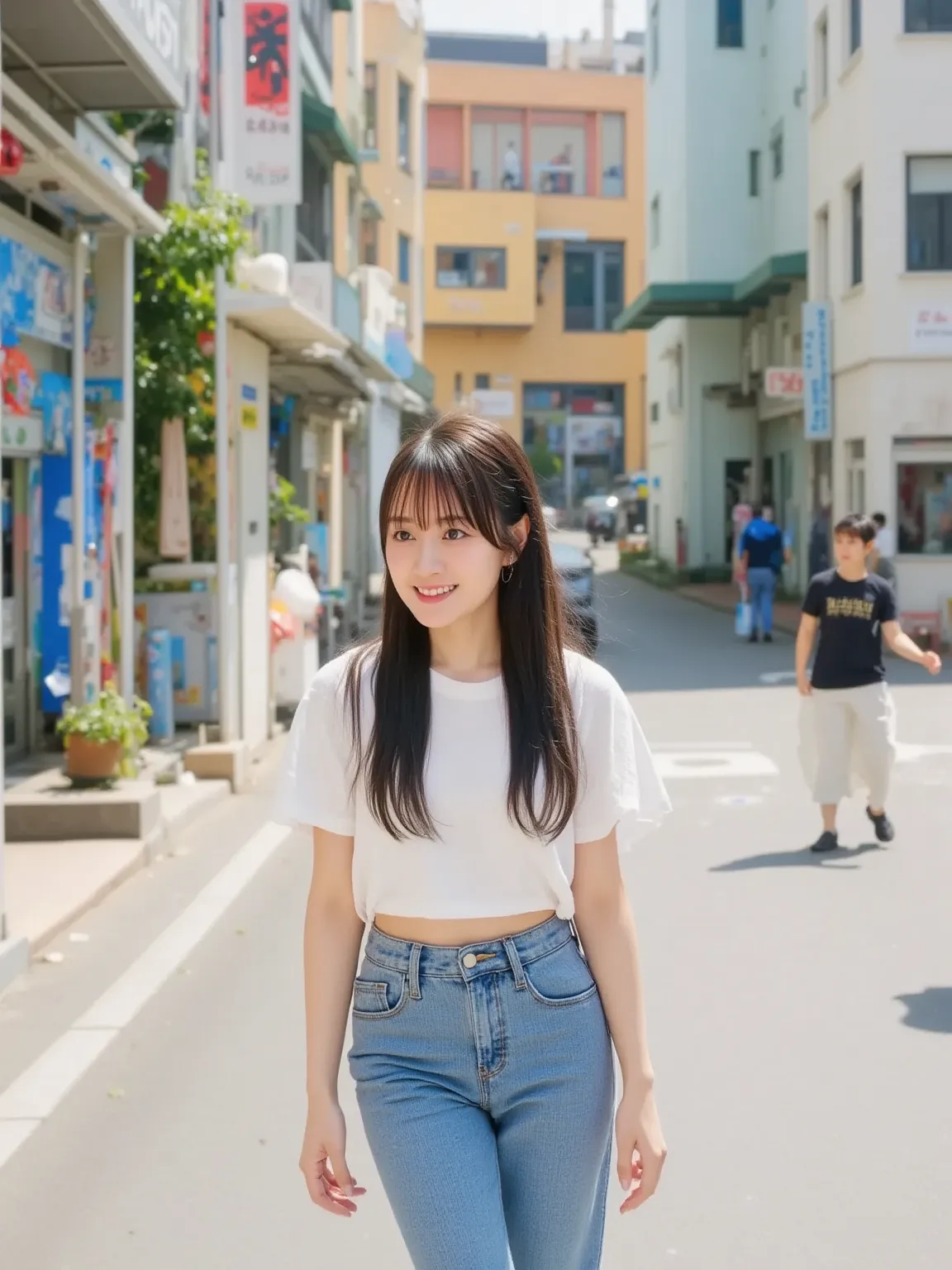 "A Japanese woman walking on a street, about to stumble and fall. She is wearing casual clothes like a T-shirt, jeans, and sneakers. The scene captures the moment just before she loses her balance, with a surprised expression on her face. The background sh...