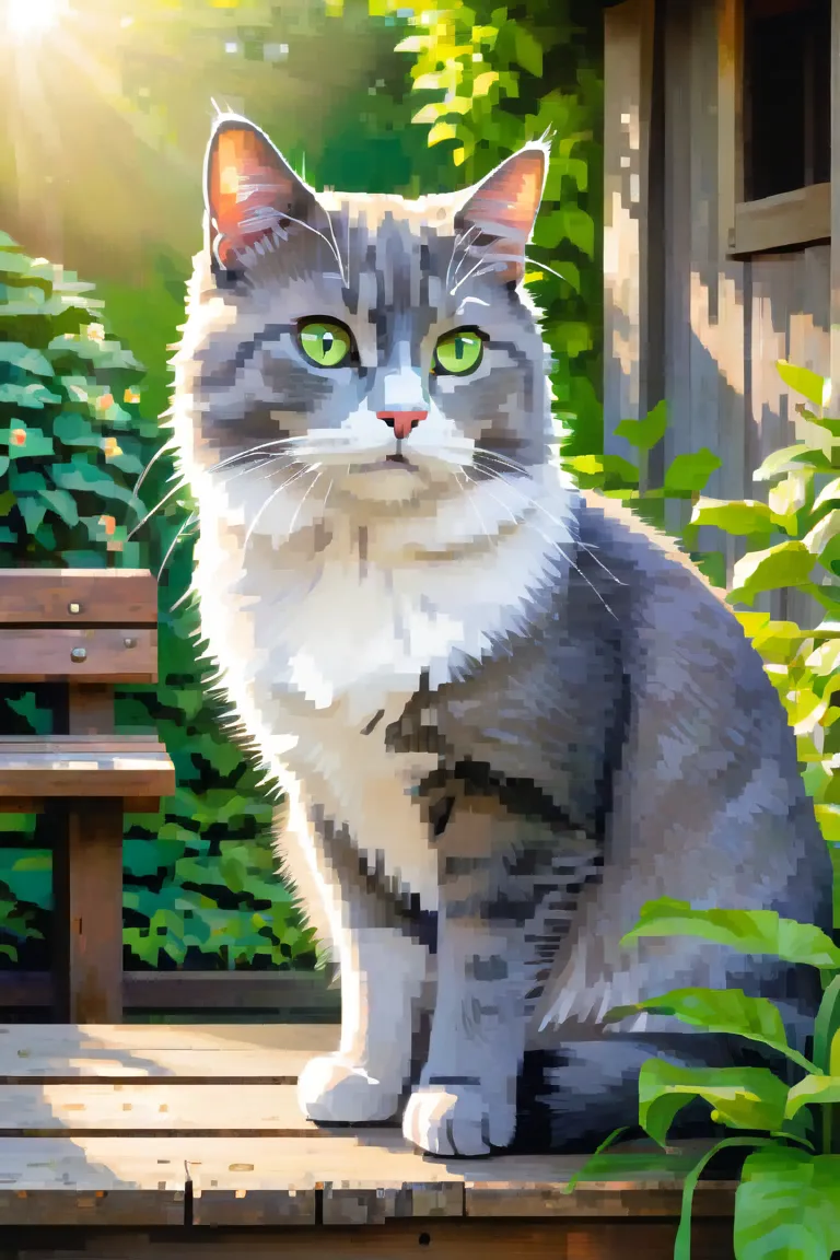 The character is a gray cat with a white belly and green eyes 