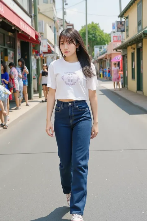 "A Japanese woman walking on a street, about to stumble and fall. She is wearing casual clothes like a T-shirt, jeans, and sneakers. The scene captures the moment just before she loses her balance, with a surprised expression on her face. The background sh...