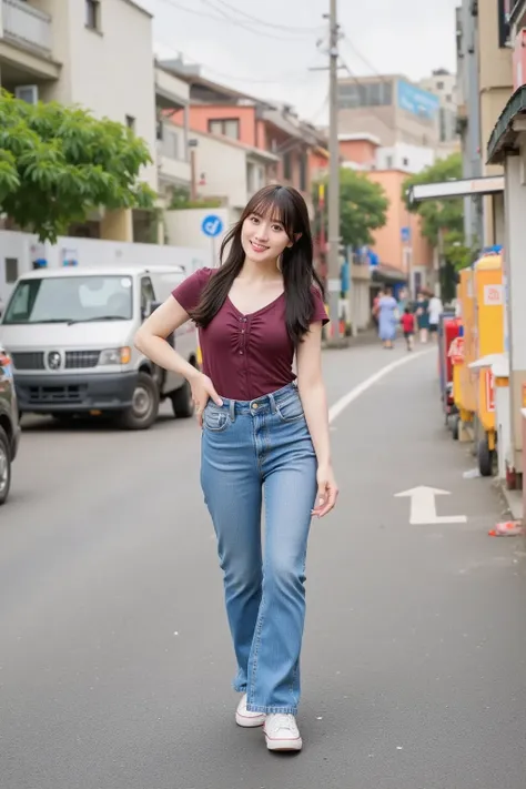 "A Japanese woman walking on a street, about to stumble and fall. She is wearing casual clothes like a T-shirt, jeans, and sneakers. The scene captures the moment just before she loses her balance, with a surprised expression on her face. The background sh...