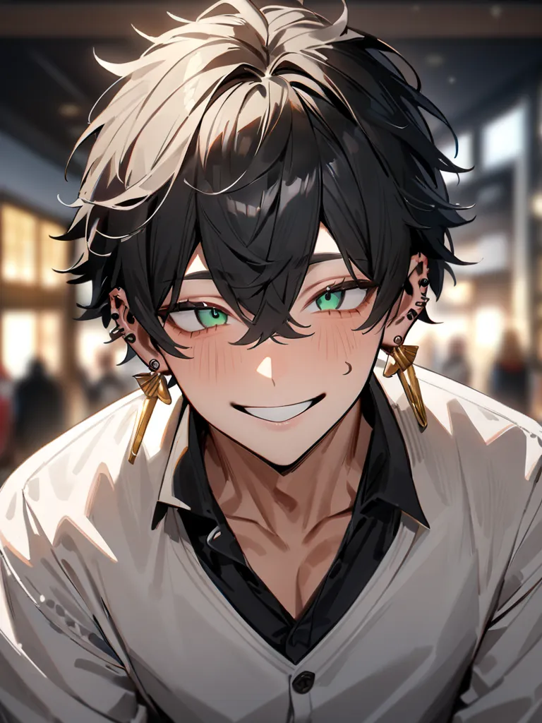 1boy ,  male,  youth,  college student ,  Gold, Loose perm, mash, textured skin,  bangs between your eyes, droopy eyes, long lashes for muscular body, green eye, background blur, University garden in the background, close all buttons on the v-neck cardigan...