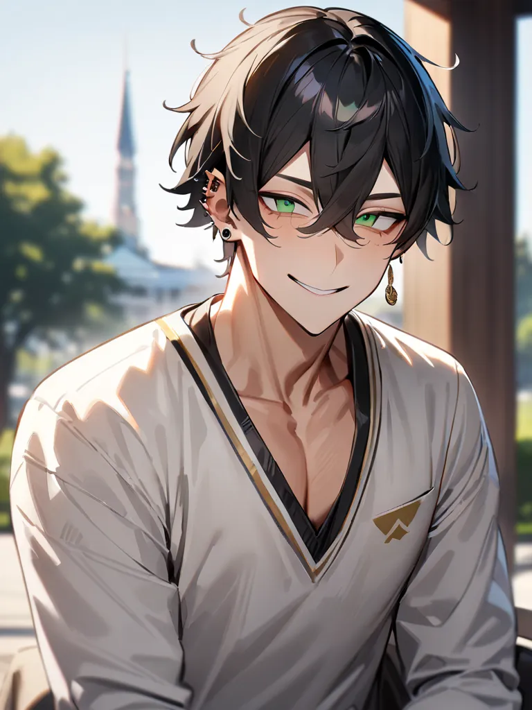 1boy ,  male,  youth,  college student ,  Gold, Loose perm, mash, textured skin,  bangs between your eyes, droopy eyes, long lashes for muscular body, green eye, background blur, University garden in the background, close all buttons on the v-neck cardigan...