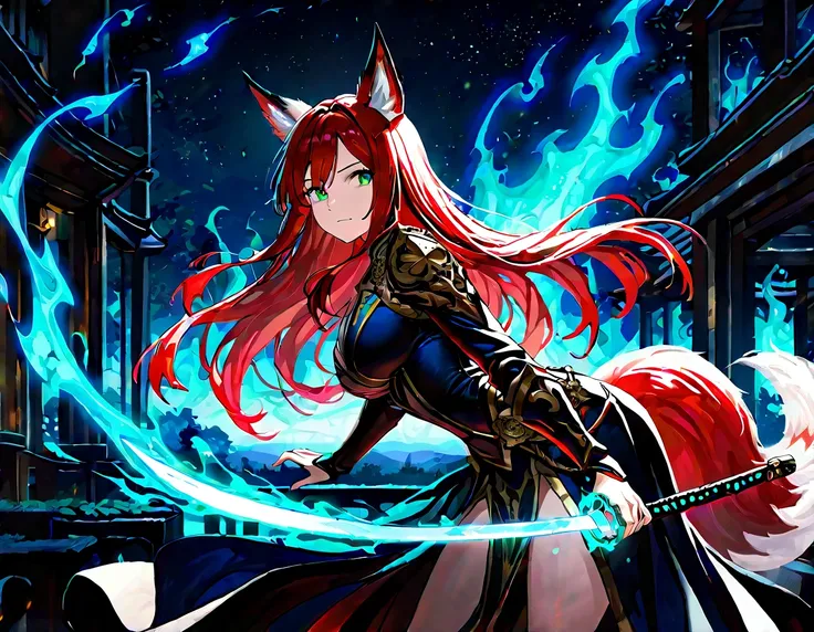 masterpiece, best quality, very awa, 1girl, fox girl, red hair, scenery, from side, green eyes, looking aside, closed mouth, ethereal, celestial atmosphere, night, holding katana, glowing katana blade, blue glow, blue magic flames, royal clothing, focused ...