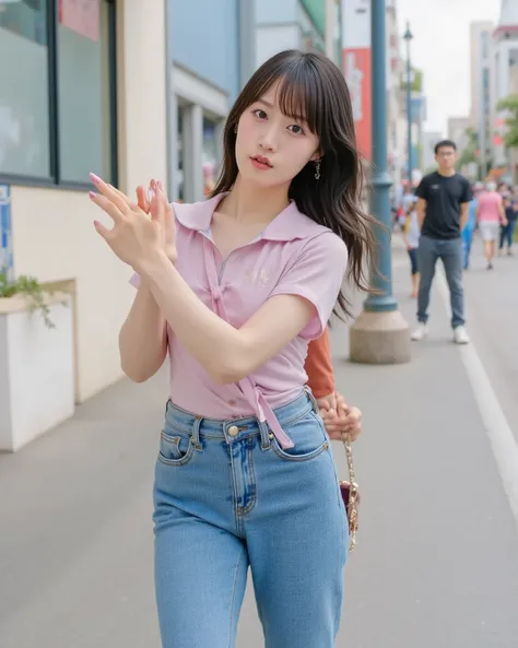 "A Japanese woman walking on a street, about to stumble and fall. She is wearing casual clothes like a T-shirt, jeans, and sneakers. The scene captures the moment just before she loses her balance, with a surprised expression on her face. The background sh...