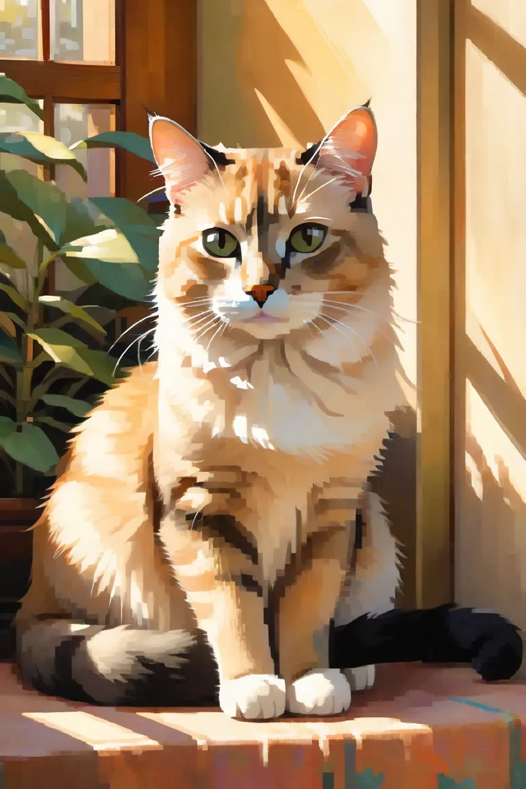 Beige cat with paws and tail and black snout