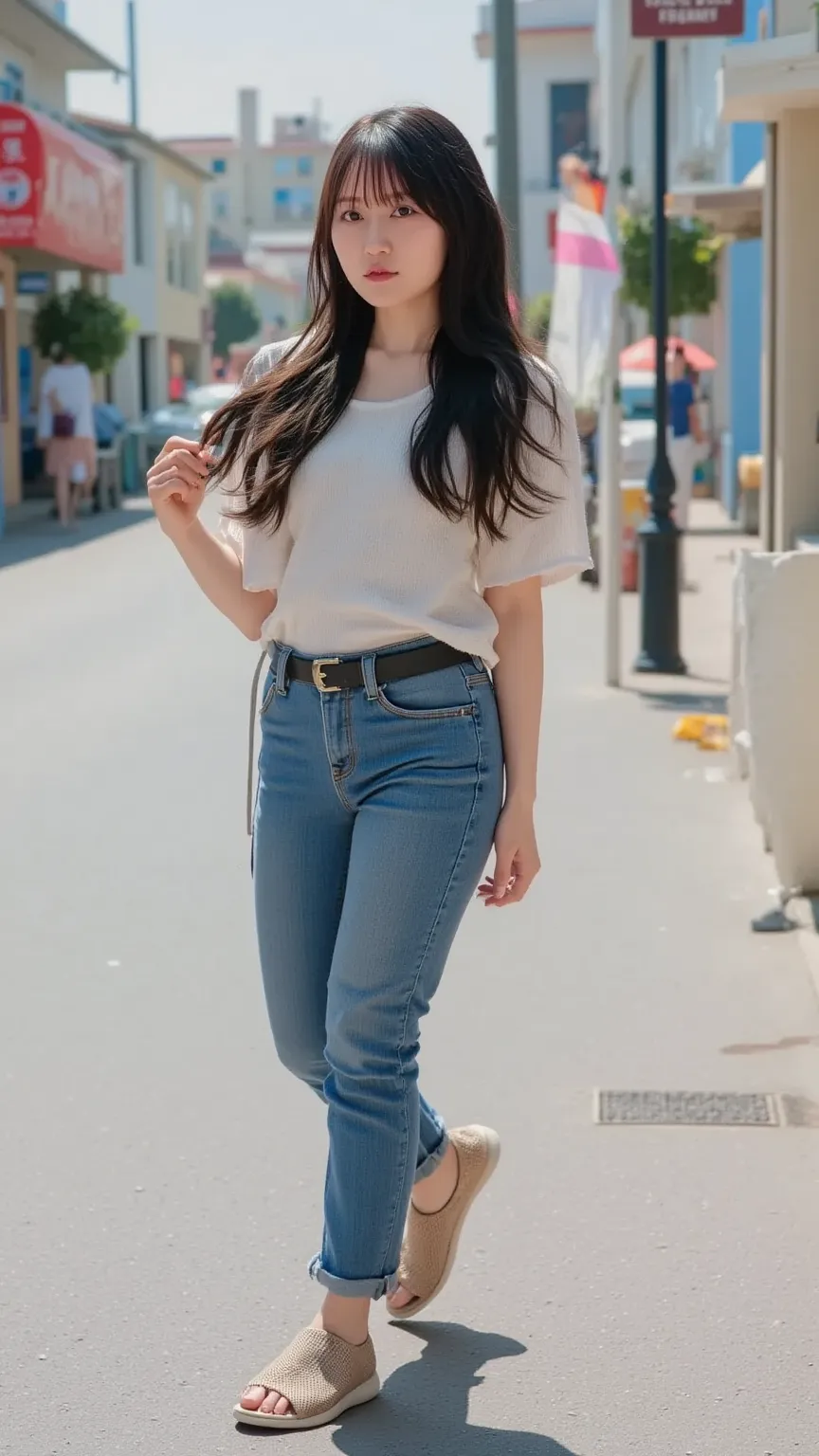 "A Japanese woman walking on a street, about to stumble and fall. She is wearing casual clothes like a T-shirt, jeans, and sneakers. The scene captures the moment just before she loses her balance, with a surprised expression on her face. The background sh...