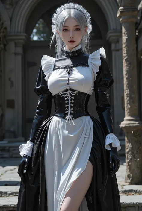 Young Cyborg Beauty ,( black and white gothic maid outfit, long skirt with low skin exposure, corsets , black tights, Black Boots ),( Silver Hair, Shoulder-length hair in images , purple eyes, half-closed eyes , unusual suspicious feelings:1.3,Black...