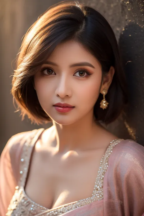 Cute indian girl having big breast, short hair, shy hides her face in shyness, she is looking sexy and cute in her lehnga cute girl standing in front of a plain wall