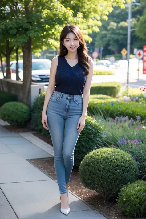  masterpiece, 8k, Photorealistic,26-year-old woman,  Japanese woman with a round face  ,  glowing skin like porcelain  ,  porcelain shiny skin , Long Hair,brown hair,smile,earrings, face the front,dark blue skinny jeans,sleeveless knit, putting her hands i...