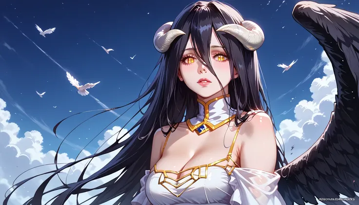 //Quality,
masterpiece, best quality, detailed
,//Character,
1girl, solo
,//Fashion,
,//Background,
,//Others,
,Albedo \(overlord\), 1girl, long hair, black hair, hair between eyes, golden eyes, slit pupils, white horns, curved horns, fallen angel,  white ...