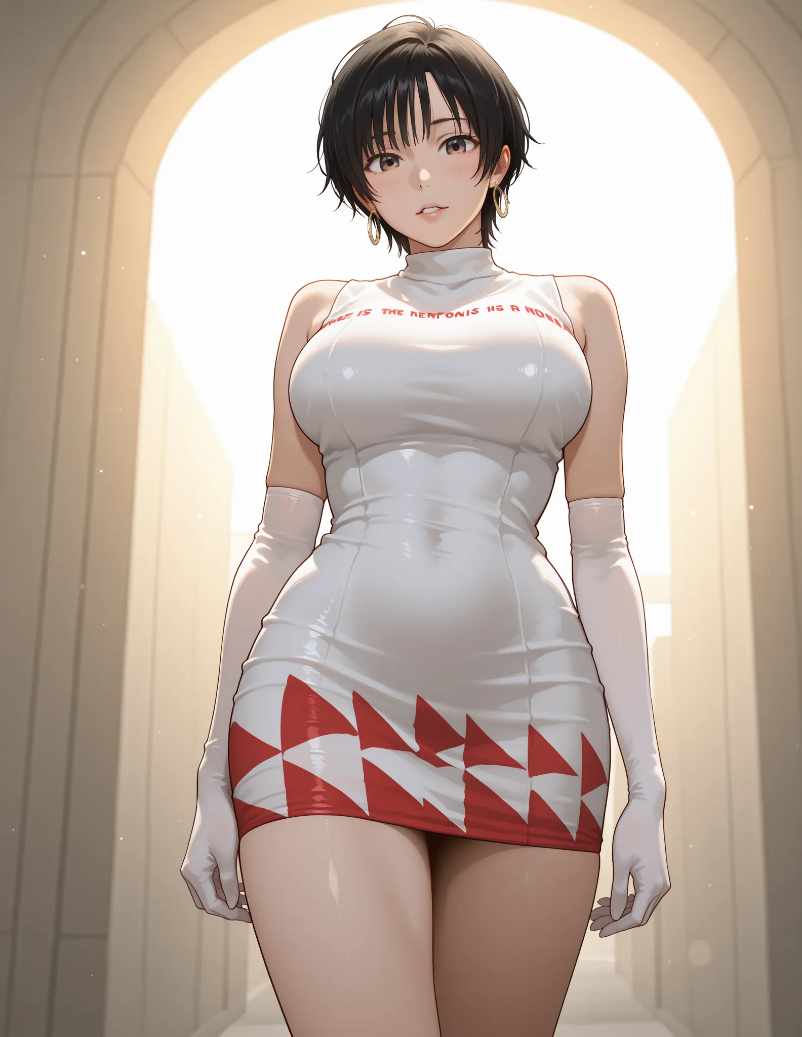 n4g4s3r3ik0 , earrings,  white short dress , elbow gloves
1girl , Alone,Bokeh,  saturated  ,film grain texture,  analog photography aesthetics  ,  SHORT BLACK HAIR ,  Suzuka circuit ,huge breasts,