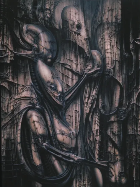 DARK BLACK COLORS. Giger_style, H. R. Giger's g1g3r, , Giger_style. Please reproduce the original image as accurately as possible, capturing the intricate details of the biomechanical structures, the dramatic lighting, and the overall sense of unease. Find...