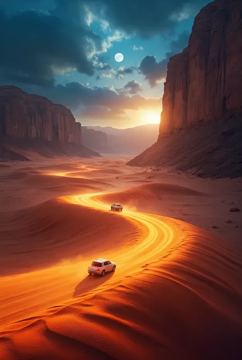  high res images、Creative Desert Light Images、Shines in the colorful white and red sands of the sandstorm、Colorful Deserts in Arizona、((masterpiece))Dramatic Half Moon Night、Under Dramatic Kageyama Gorge、Cars Drive Far on Sandstorm Night。