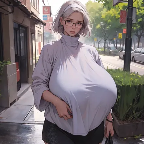 (realistic:1.2), skinny girl, nervously jogging, looking over shoulder, (gigantic breasts:1.4), hairband, wet hair, park, scared expression, glasses, wet tshirt, skirt, shocked strangers, rain