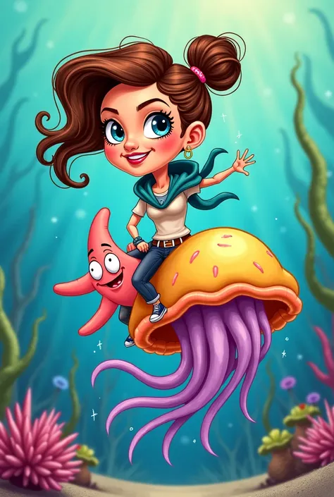 a hand drawn cartoon image of a woman with brown hair and blonde highlights and blue eyes, riding a jelly fish from SpongeBob with Patrick star,   in the cartoon style of Spongebob 