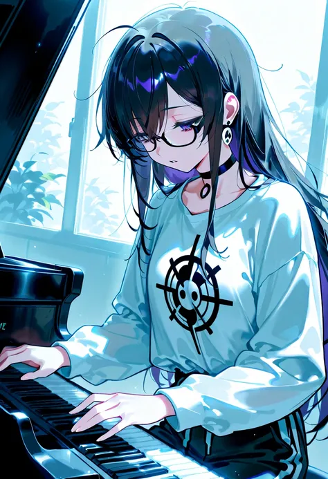 score_9, score_8_up, score_7_up, source_anime, 1girl, purple eyes, (dark circles under eyes), earrings, long hair, black hair, solo, parted lips, looking down, black choker, emo graphic shirt, sweatpants, ((playing the electric piano, wears glasses, sleepy...