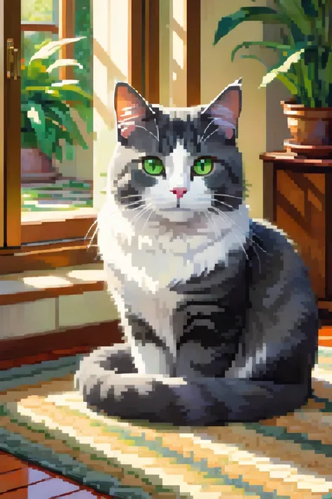 The character is a dark gray cat with a white belly and green eyes 