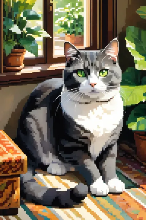 The character is a dark gray cat with a white belly and green eyes 