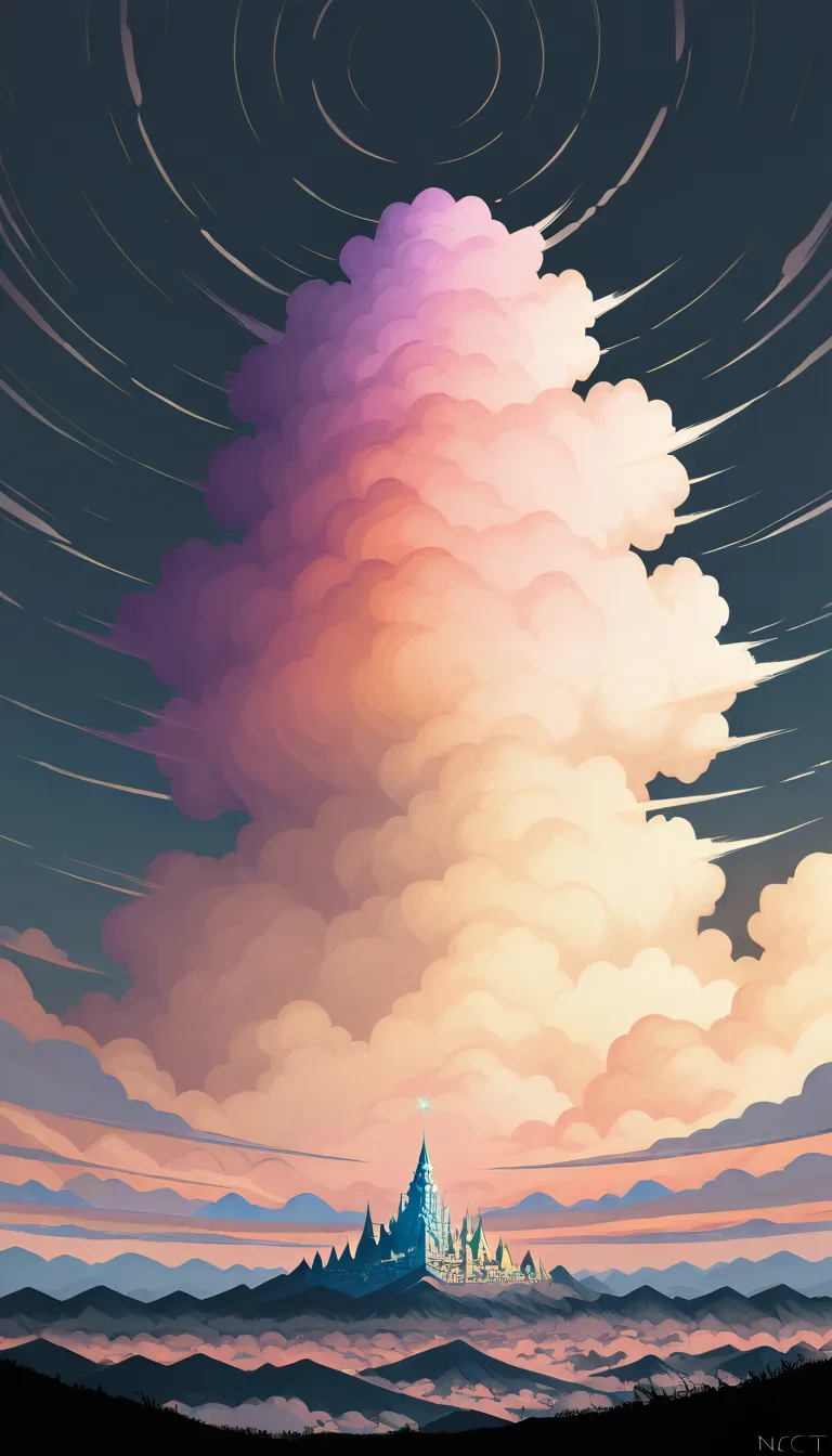 panoramic view, fantasy, one large magical single storm cloud covering the entire fantasy city, one large cloud in the entire sky, the rest of the sky clear, colorful lightnings, NCSTL, sharp lines, muted colors, gradient shading, clean edges, smooth blend...