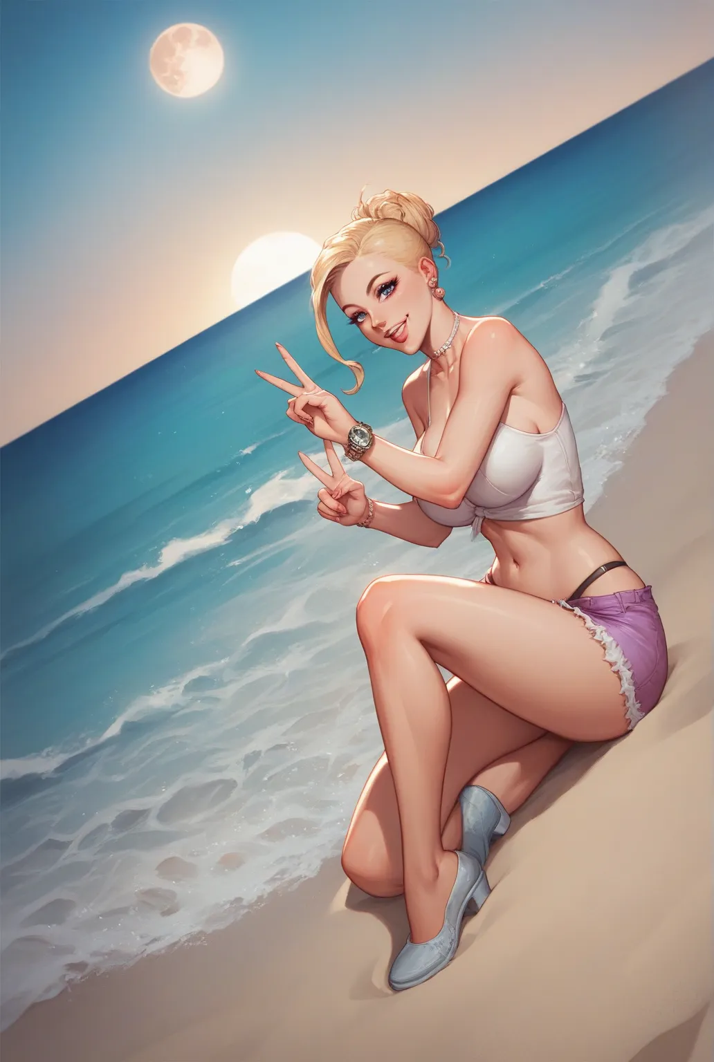  score_9,  score_8_up,  score_7_up,  score_6_up,  score_5_up,  score_4_up, Interrupt Source_anime,1 girl, Dressed, Horizontal Rittner, v,  glossy lips on the beach ,  moonny , sea, sand,  moon, by nil moonna, Watch Viewers,  happy, Dutch angle,  curvaceous