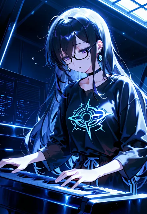 score_9, score_8_up, score_7_up, source_anime, 1girl, purple eyes, (dark circles under eyes), earrings, long hair, black hair, solo, parted lips, looking down, black choker, emo graphic shirt, sweatpants, ((playing the electric piano, wears glasses, sleepy...