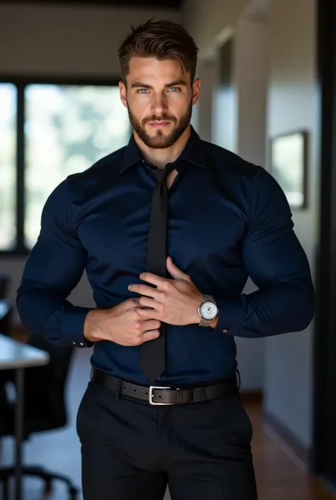 attractive European Man, ericjanicki, Handsome, short brunette hair, 30 years old, beard, Navy blue shirt, black tie, tight dress pants, green eyes in some sexy muscular office . adjusting his tie .