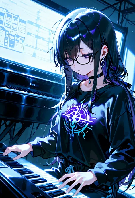 score_9, score_8_up, score_7_up, source_anime, 1girl, purple eyes, (dark circles under eyes), earrings, long hair, black hair, solo, parted lips, looking down, black choker, emo graphic shirt, sweatpants, ((playing the electric piano, wears glasses, sleepy...