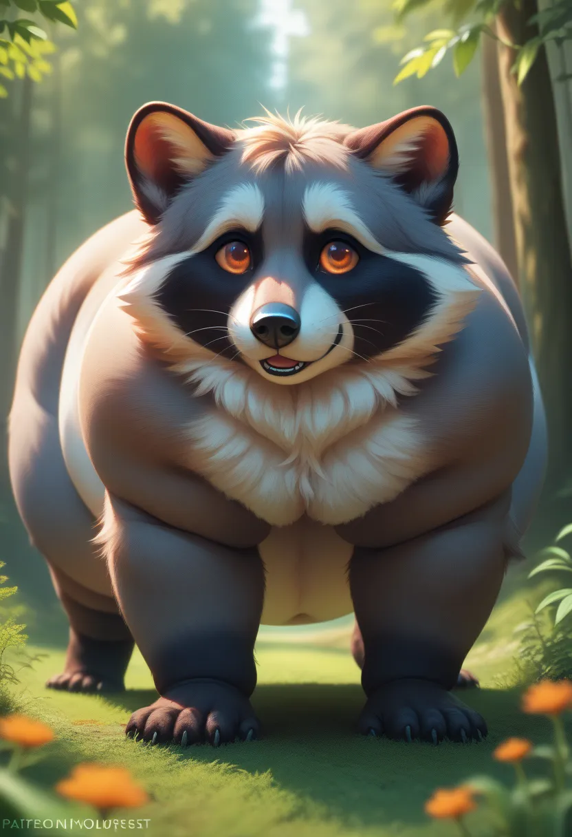 overweight raccoon, (((raccoon))), procyonid, furry, (morbidly obese, fat, excess fat), ((gray fur)), (big eyes, orange eyes), male, long snout, wide snout, black nose, 