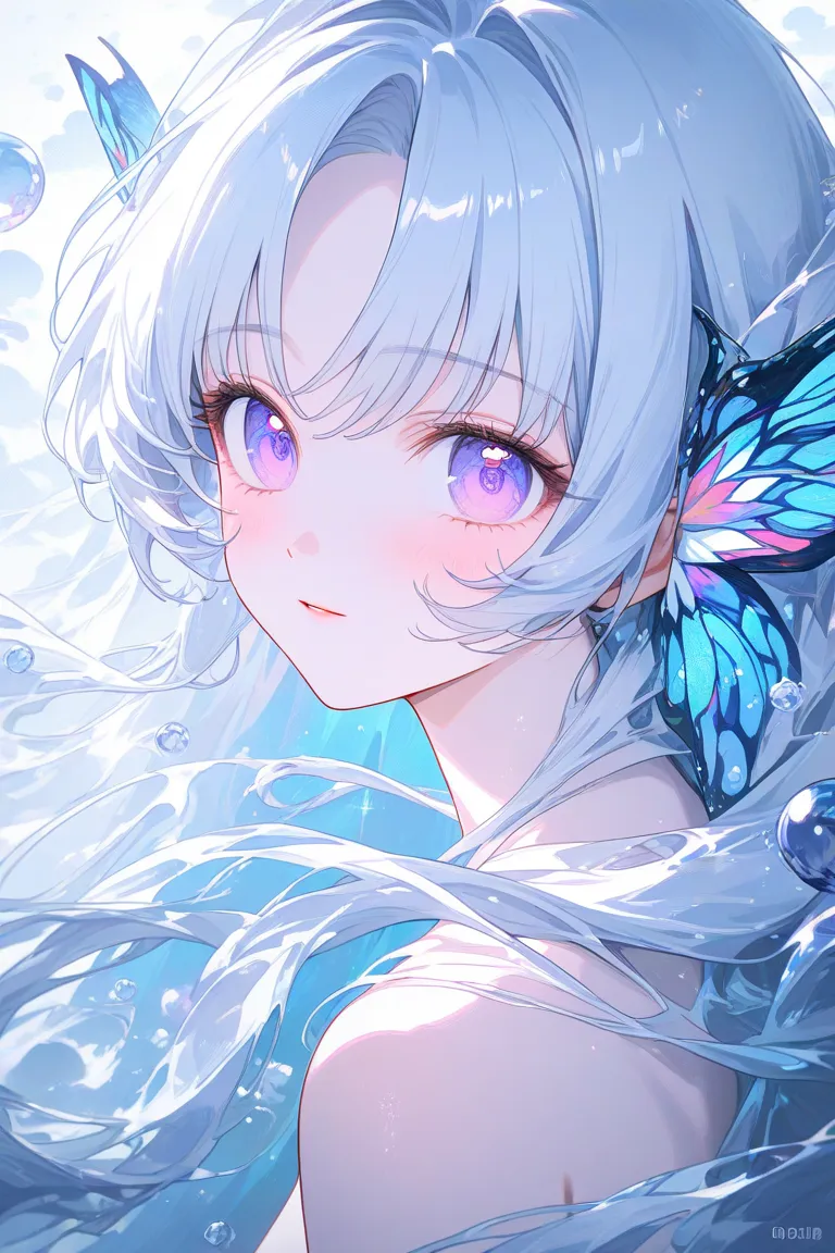 Albino, white skin, absurdly long hair, nymph, serene expression, slender, violet eyes, 90s anime, ethereal, naked, at a river, hair cascates through her body, white hair, closeup