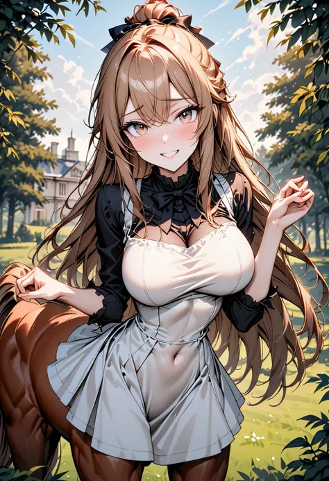 solo, solo, female, centaur, large breasts, thin waist, shy, intelligent, student, Chestnut brown fur, cherry blonde hair and tail, gentle, smile, rural estate, wealthy, close up, horse body, horse legs, centaur, centaur, Victorian, centaur girl, very tall...