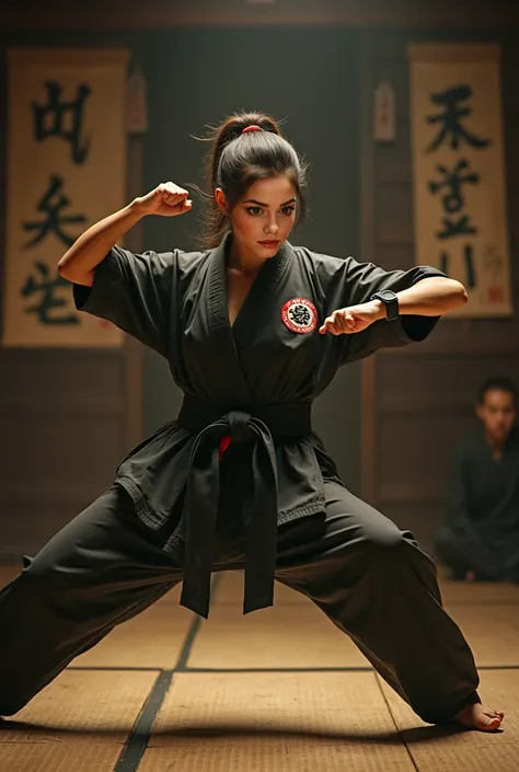 This woman, wearing the cobra Kai uniform, is fighting karate.