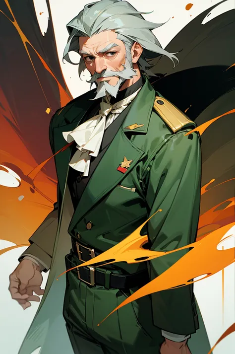 masterpiece,high quality,solo,
hardysteiner,1oldman,
grey hair,black eyes,mustache,facial hair,beard,
military uniform,jacket,ascot,
belt,green pants,