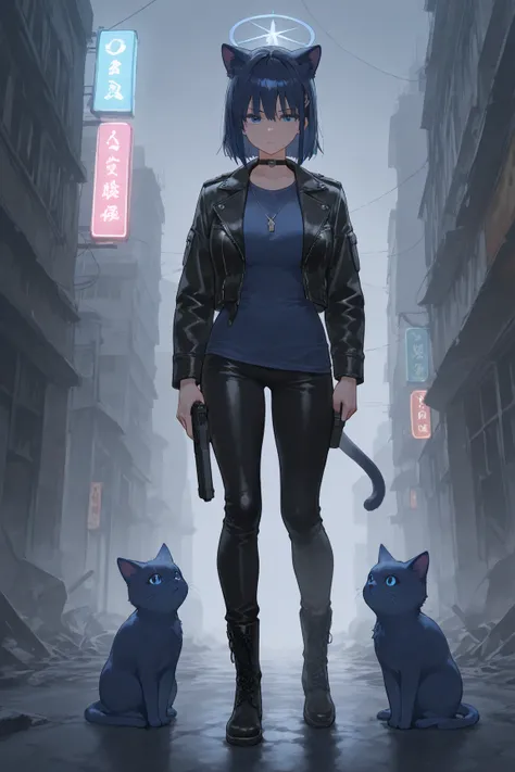 (Cubi: (short dark blue hair, blue kitten ears, pink interior kitten ears, woman, 1woman, one woman), (small breast)), (dark leather jacket, blue shirt, black pants, black military boots), hold a handgun,, BREAK, , ((destroyed city outdoor, dark ambience))...