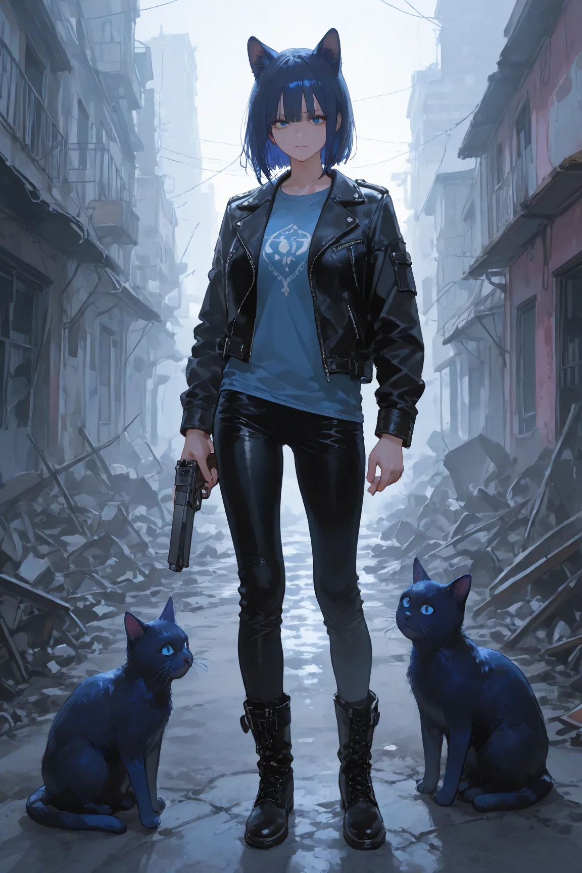 (Cubi: (short dark blue hair, blue kitten ears, pink interior kitten ears, woman, 1woman, one woman), (small breast)), (dark leather jacket, blue shirt, black pants, black military boots), hold a handgun,, BREAK, , ((destroyed city outdoor, dark ambience))...