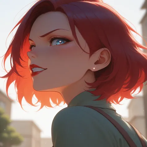 anime-style illustrations, Anime Beauty, a bewitching MILF, solo, 30yo, face only, face focus, mean face, look up, looking down at the viewer, Short red hair, forehead, arched eyebrows, double eyelids, sparkling navy blue eyes, Stinky eyes, red lips, mean ...