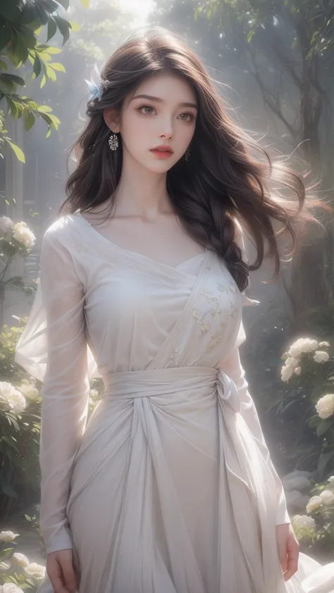 (woman wearing blue white dress),(Stand gracefully),(with dynamism、Colorful garden front),(Shooting from front),(With double exposure effect),(Create an ethereal atmosphere),(Best quality,4K,8K,A high resolution,tmasterpiece:1.2),ultra - detailed,(actual,r...