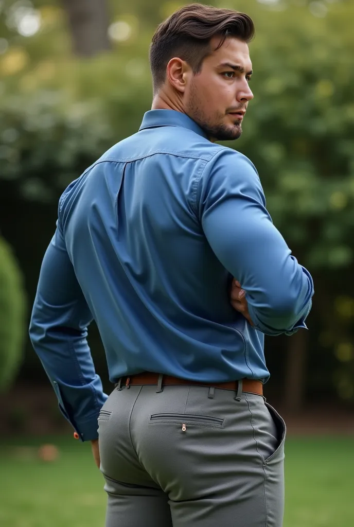  Realistic photograph , 35-year-old muscular (((athletic man))) , , view From below, nalgon in profile, stripe blue formal shirt and very tight light gray light trousers, brown belt, in profile, Big butt, viendo a cámara,  black eyes, in the yard, sexy man...