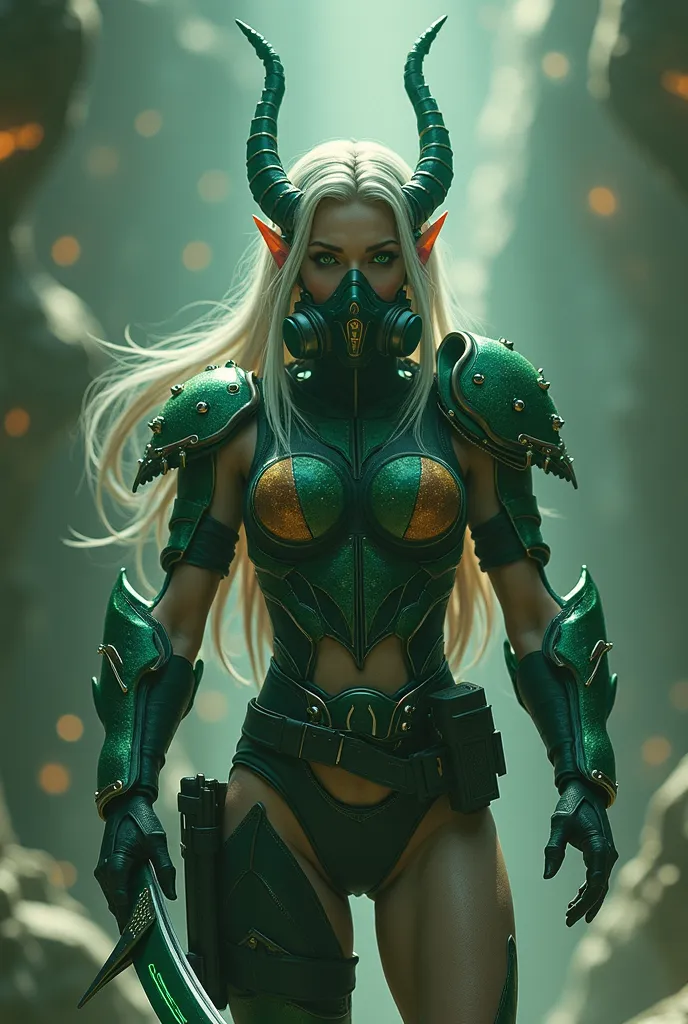 A space elf wearing sleek white armour and a dark green scifi respirator. Make her look angry. She should have black hair and be sexy. Give her a curved scifi elven sword, and a scifi pistol. 