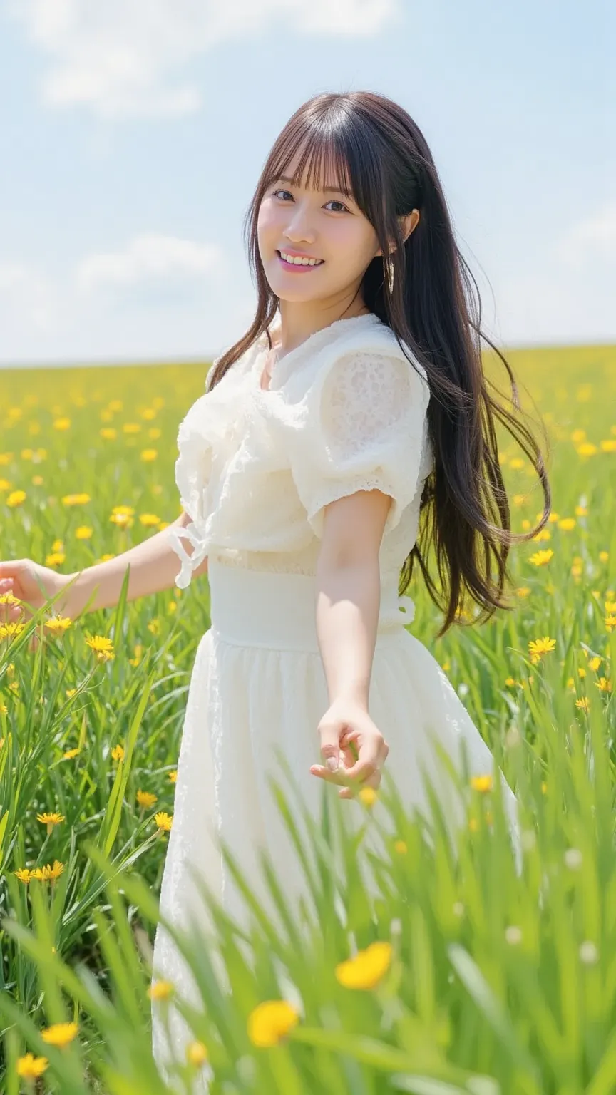 "A playful girl with sparkling eyes, wearing a casual summer outfit, running through a field of tall grass under a clear blue sky, with her arms wide open and laughing."