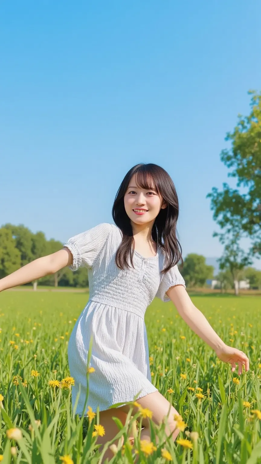 "A playful girl with sparkling eyes, wearing a casual summer outfit, running through a field of tall grass under a clear blue sky, with her arms wide open and laughing."